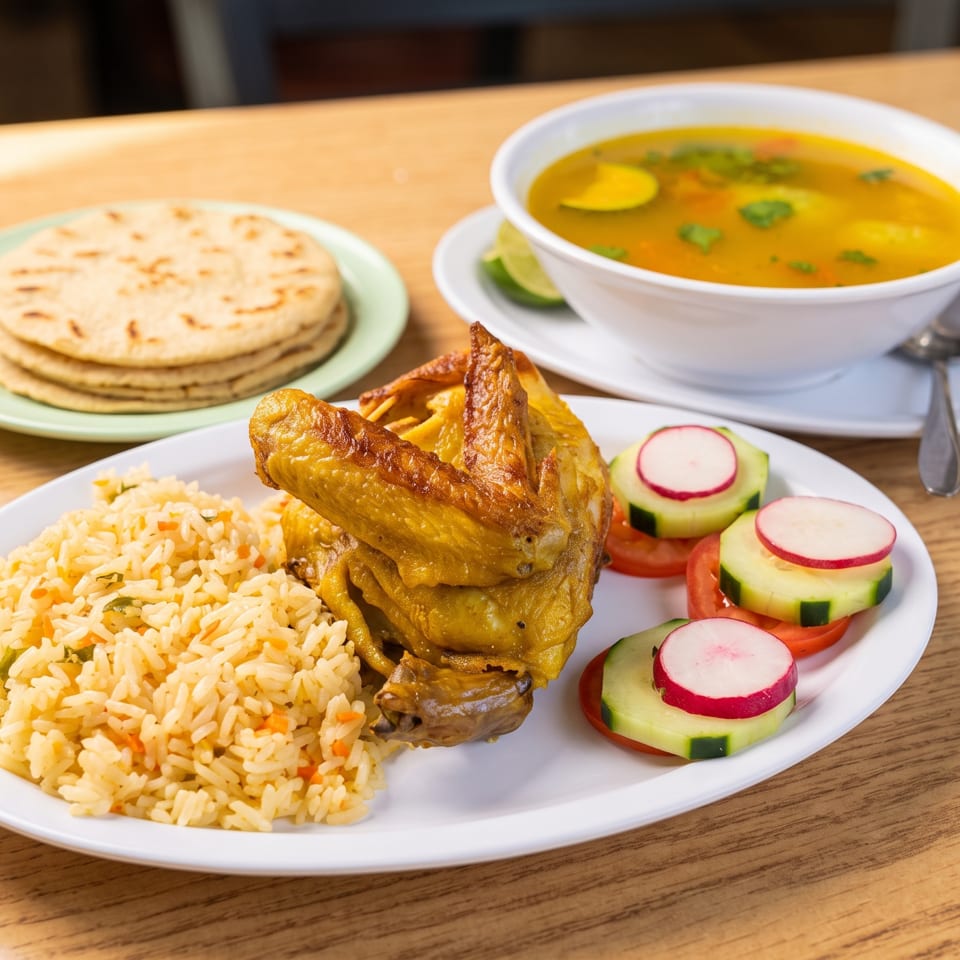A plate of roasted chicken with rice and a side salad, accompanied by a bowl of soup and tortillas.
