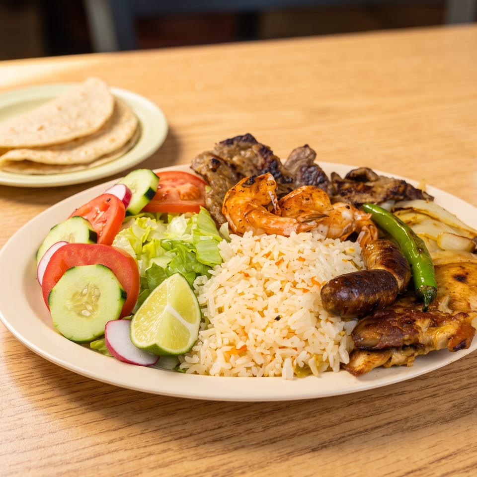 A plate of grilled meat, shrimp, rice, salad, and tortillas on a wooden table.