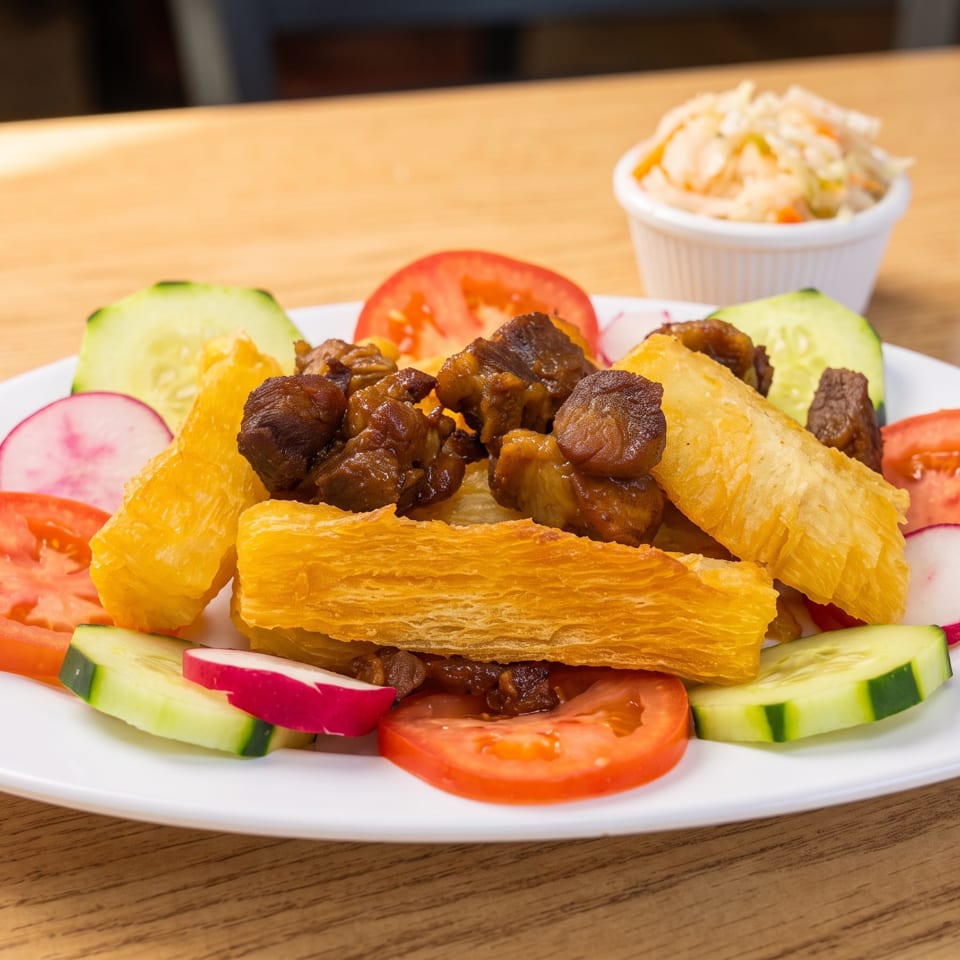 Fried yucca and stewed beef, garnished with tomato, cucumber, and radish slices.