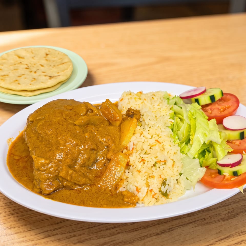 A plate of chicken in a rich orange sauce, rice, and a side salad with tortillas.