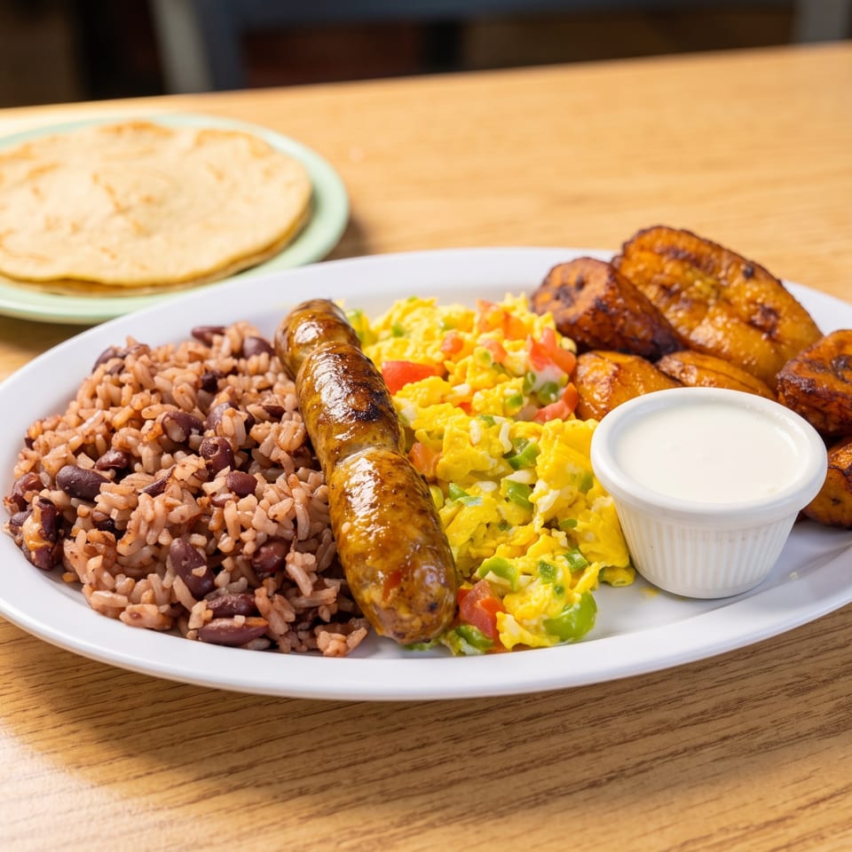 Breakfast plate with sausage, scrambled eggs, rice and beans, fried plantains, and a side of cream.