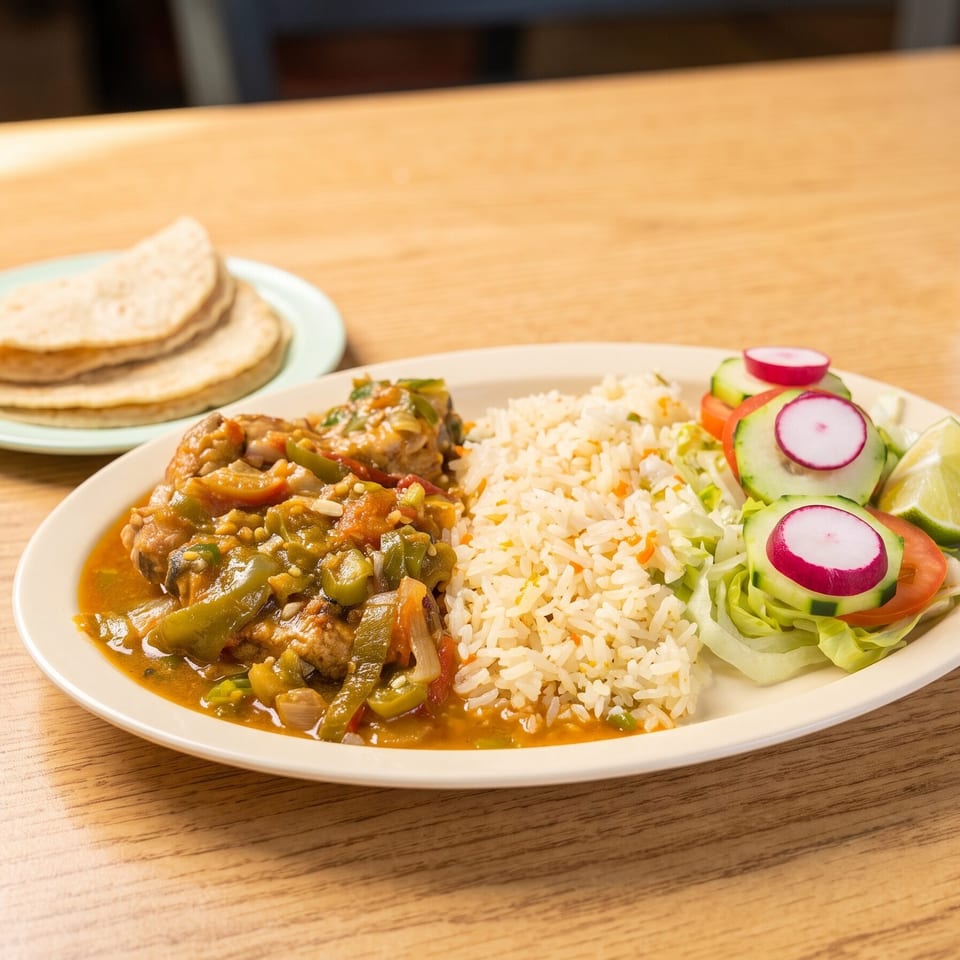 A plate of chicken stew with rice, salad, and tortillas on a wooden table.