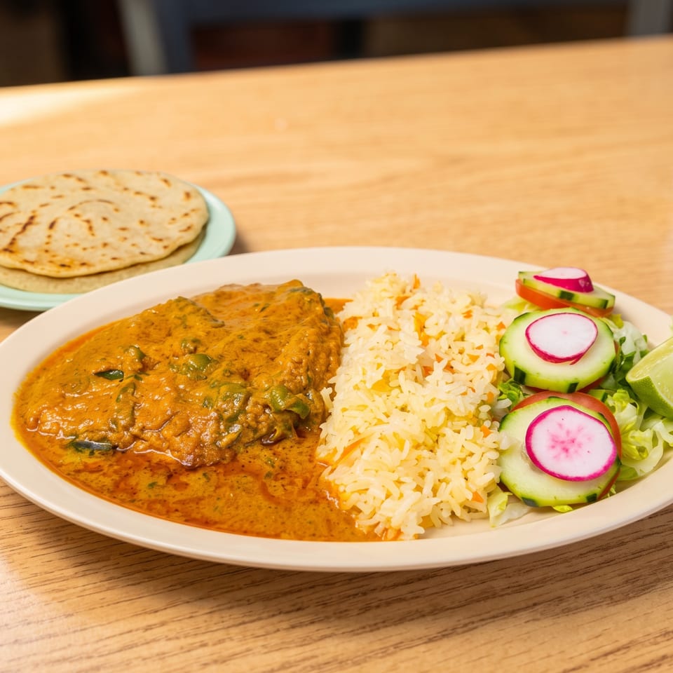 A plate of chicken in orange sauce with rice, salad, and tortillas on a wooden table.
